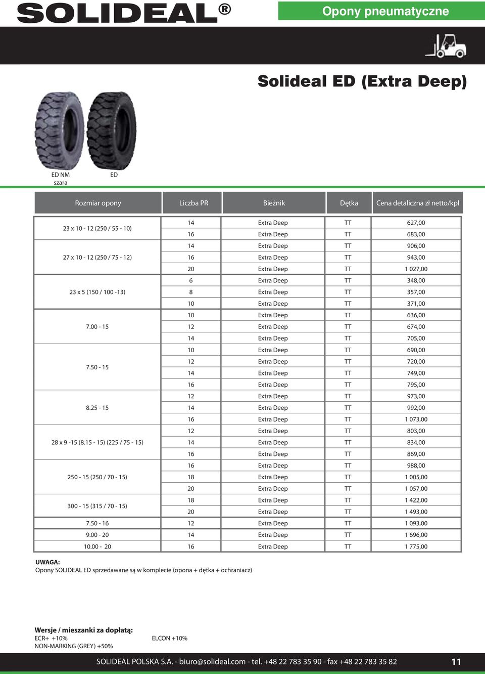 15-15) (225 / 75-15) 250-15 (250 / 70-15) 300-15 (315 / 70-15) UWAGA: Opony SOLIDEAL ED sprzedawane są w komplecie (opona + dętka + ochraniacz) 14 Extra Deep TT 627,00 16 Extra Deep TT 683,00 14