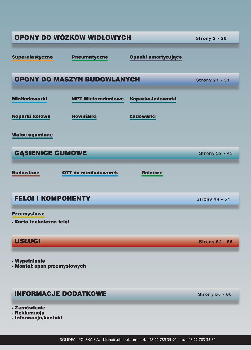 32-43 Budowlane OTT do miniładowarek Rolnicze FELGI I KOMPONENTY Strony 44-51 Przemysłowe - Karta techniczna felgi USŁUGI