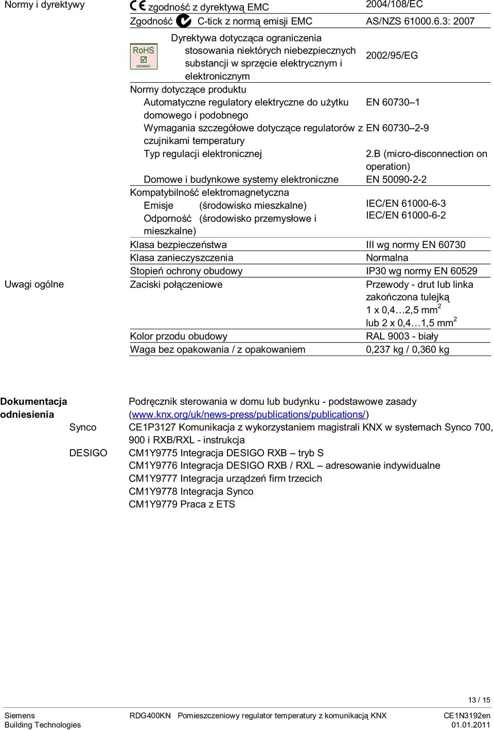 3: 2007 Dyrektywa dotycząca ograniczenia stosowania niektórych niebezpiecznych substancji w sprzęcie elektrycznym i 2002/95/EG elektronicznym Normy dotyczące produktu Automatyczne regulatory