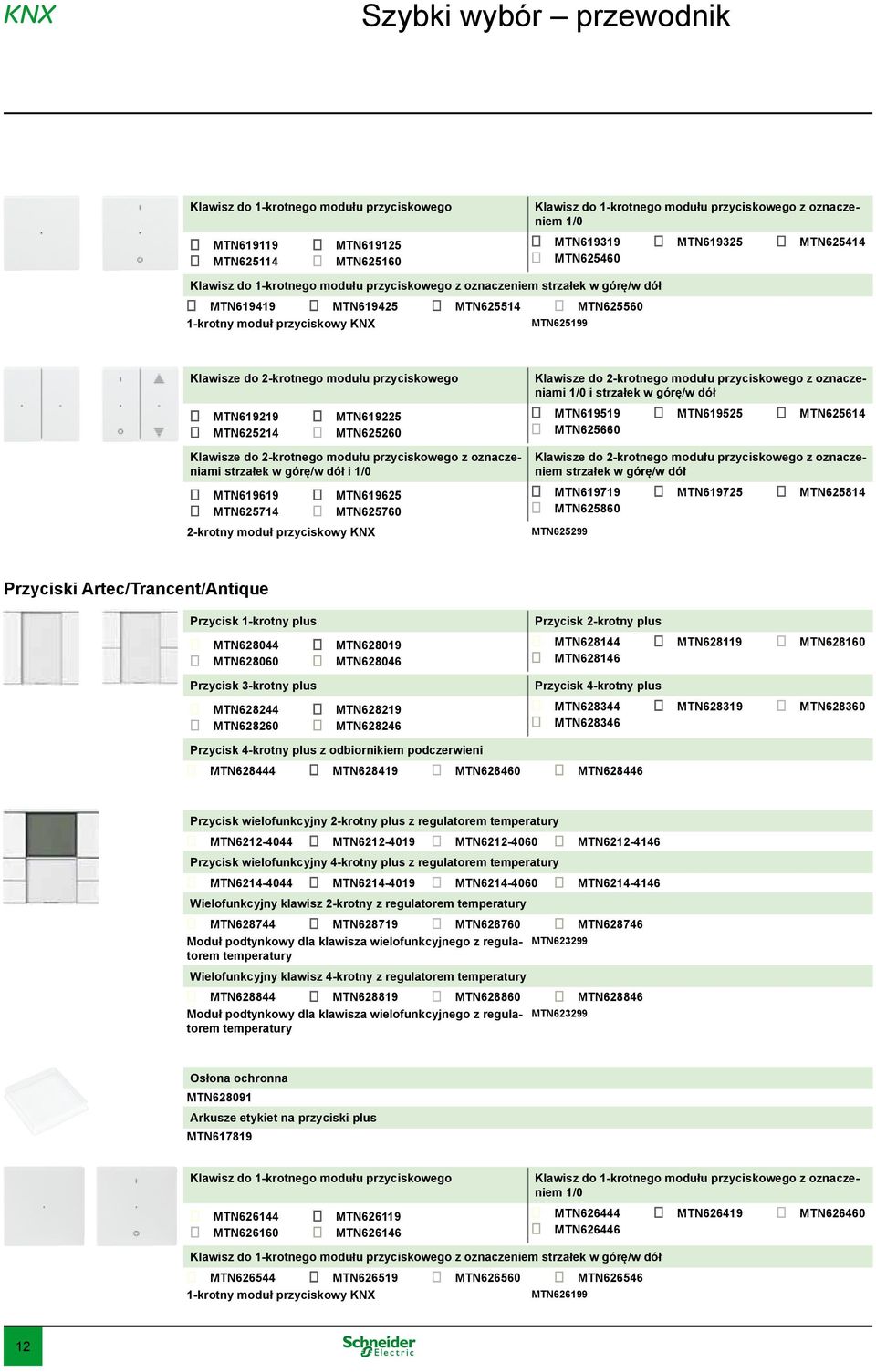 Klawisze do 2-krotnego modułu przyciskowego 0 MTN619219 0 MTN619225 0 MTN625214 0 MTN625260 Klawisze do 2-krotnego modułu przyciskowego z oznaczeniami strzałek w górę/w dół i 1/0 0 MTN619619 0