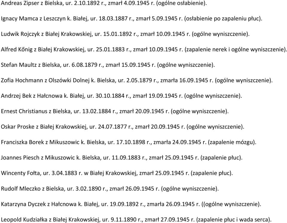 Stefan Maultz z Bielska, ur. 6.08.1879 r., zmarł 15.09.1945 r. (ogólne wyniszczenie). Zofia Hochmann z Olszówki Dolnej k. Bielska, ur. 2.05.1879 r., zmarła 16.09.1945 r. (ogólne wyniszczenie). Andrzej Bek z Hałcnowa k.