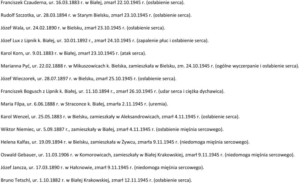 w Białej, zmarł 23.10.1945 r. (atak serca). Marianna Pyć, ur. 22.02.1888 r. w Mikuszowicach k. Bielska, zamieszkała w Bielsku, zm. 24.10.1945 r. (ogólne wyczerpanie i osłabienie serca).