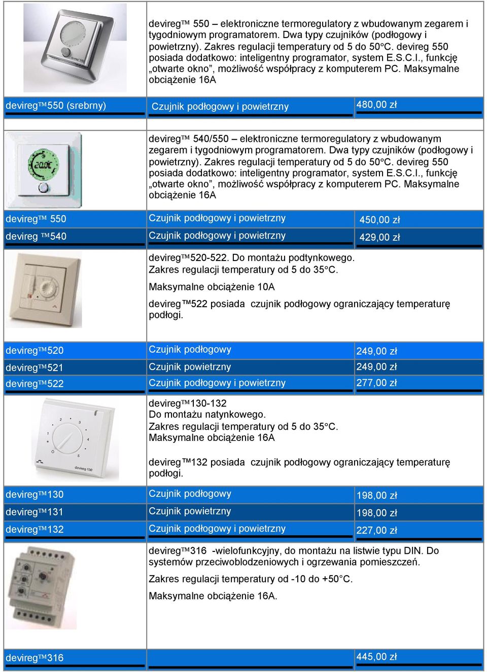 Maksymalne obciążenie 16A devireg 550 (srebrny) Czujnik podłogowy i powietrzny 480,00 zł devireg 540/550 elektroniczne termoregulatory z wbudowanym zegarem i tygodniowym programatorem.