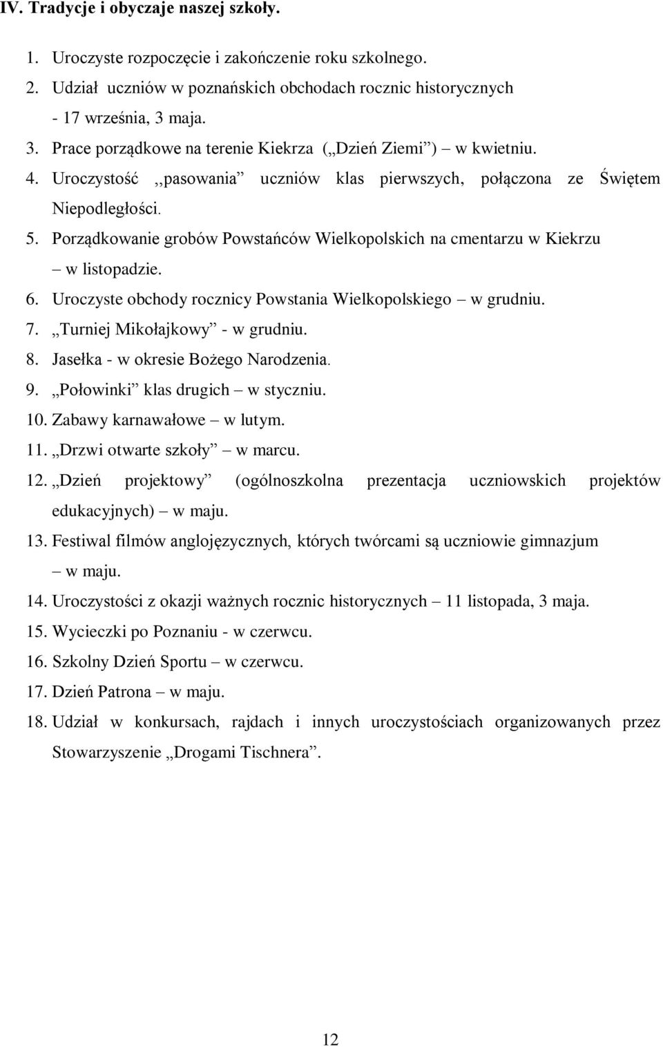 Porządkowanie grobów Powstańców Wielkopolskich na cmentarzu w Kiekrzu w listopadzie. 6. Uroczyste obchody rocznicy Powstania Wielkopolskiego w grudniu. 7. Turniej Mikołajkowy - w grudniu. 8.