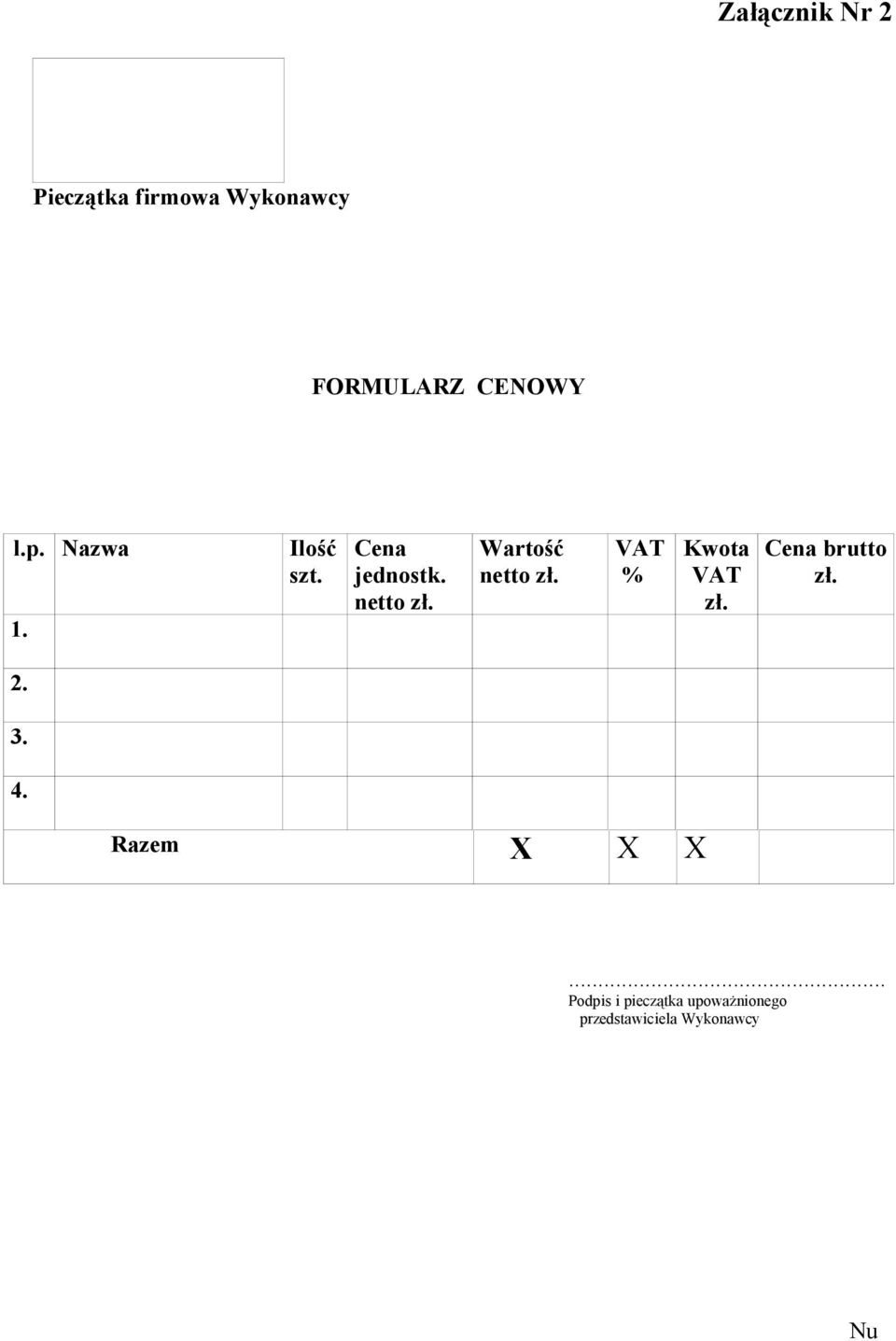 Wartość netto zł. VAT % Kwota VAT zł. Cena brutto zł. 2. 3. 4.