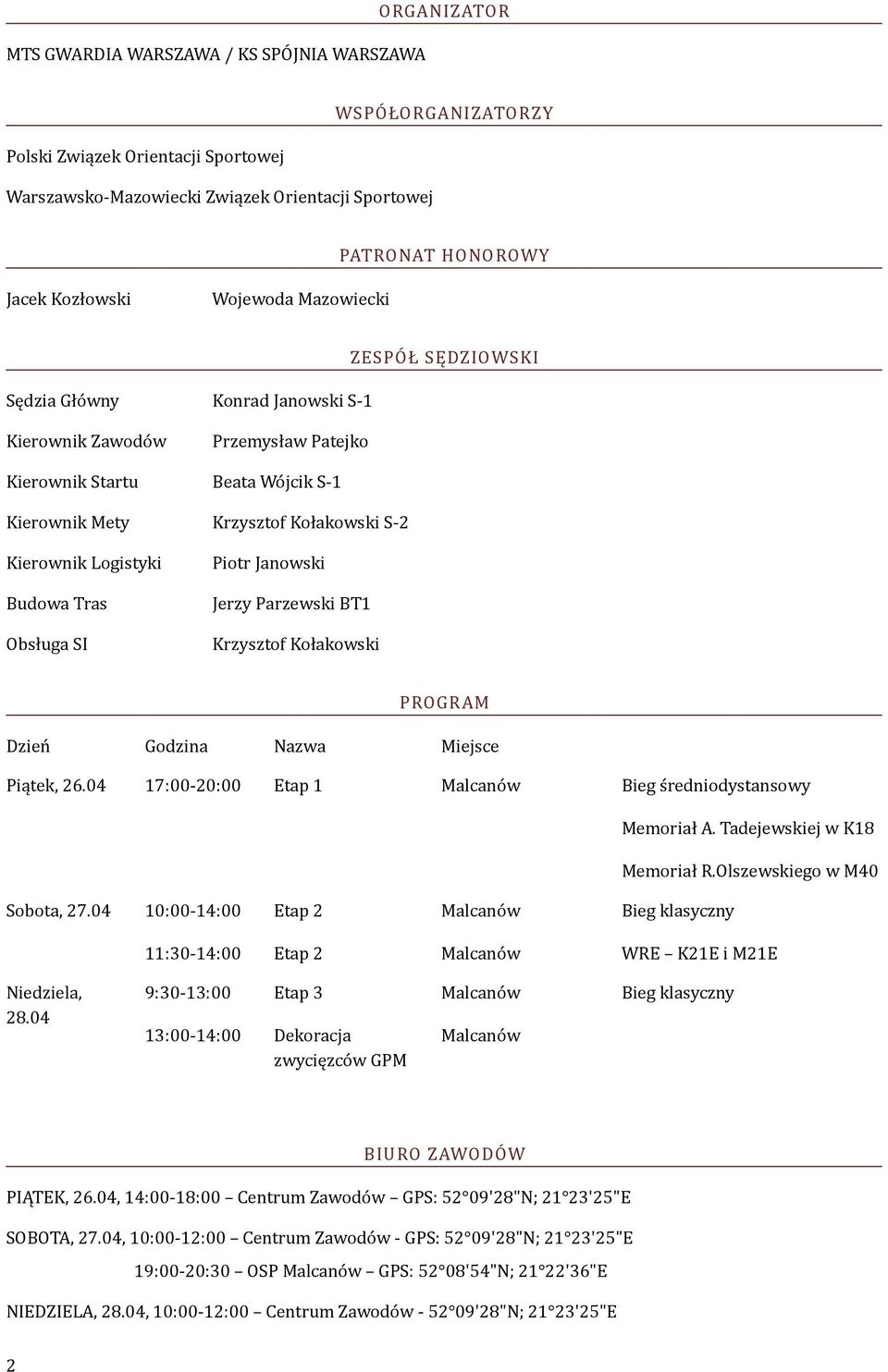 Logistyki Piotr Janowski Budowa Tras Jerzy Parzewski BT1 Obsługa SI Krzysztof Kołakowski PROGRAM Dzień Godzina Nazwa Miejsce Piątek, 26.04 :00-:00 Etap 1 Bieg średniodystansowy Memoriał A.