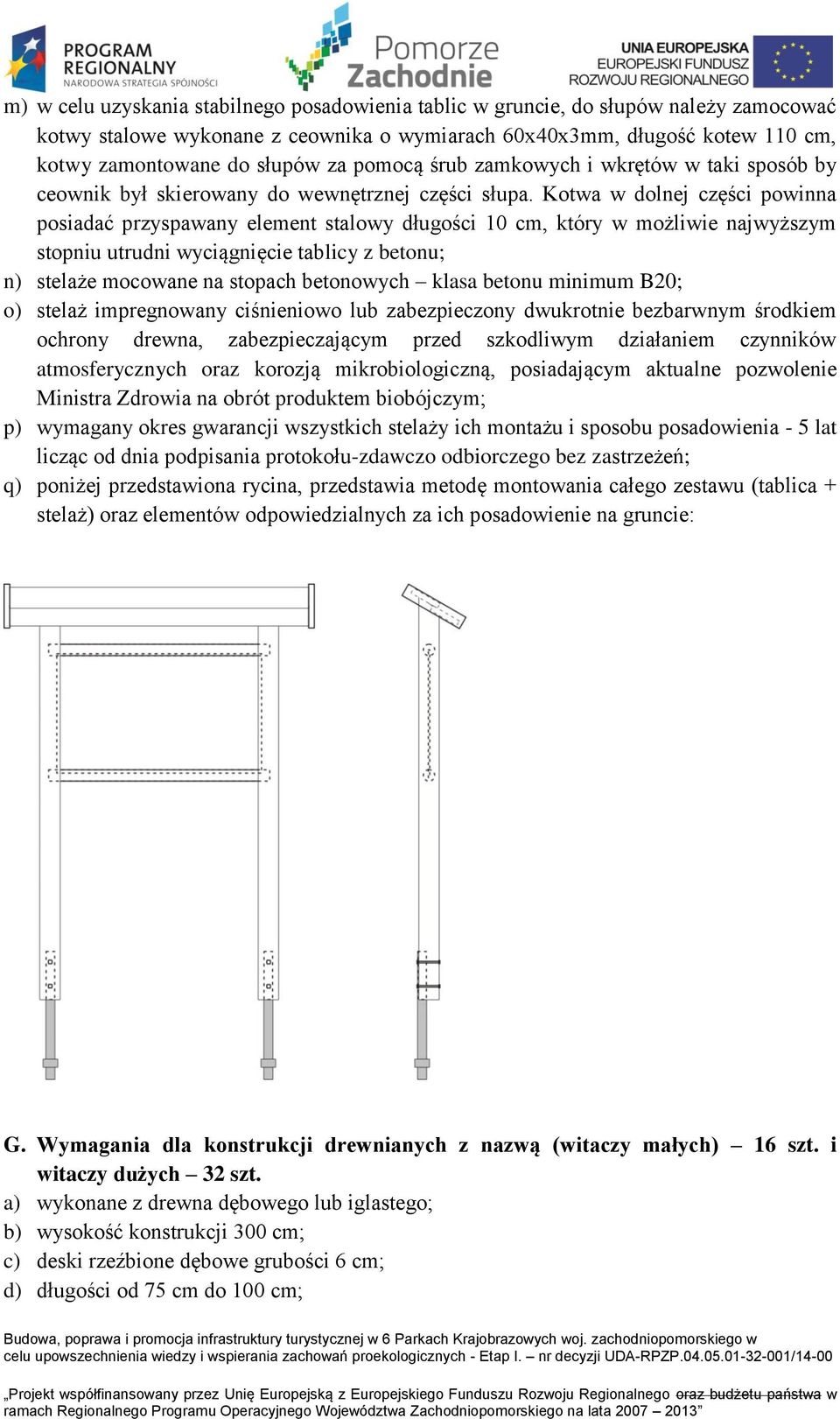 Kotwa w dolnej części powinna posiadać przyspawany element stalowy długości 10 cm, który w możliwie najwyższym stopniu utrudni wyciągnięcie tablicy z betonu; n) stelaże mocowane na stopach betonowych