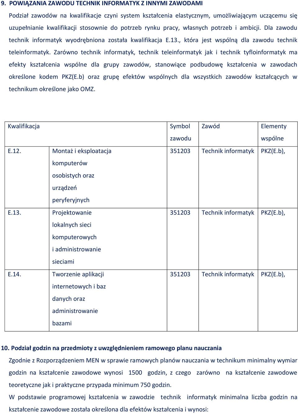 Zarówno technik informatyk, technik teleinformatyk jak i technik tyfloinformatyk ma efekty kształcenia wspólne dla grupy zawodów, stanowiące podbudowę kształcenia w zawodach określone kodem KZ(E.