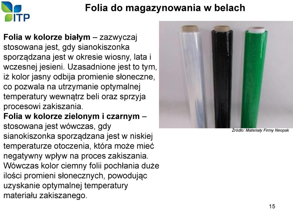 Folia w kolorze zielonym i czarnym stosowana jest wówczas, gdy sianokiszonka sporządzana jest w niskiej temperaturze otoczenia, która może mieć negatywny wpływ na