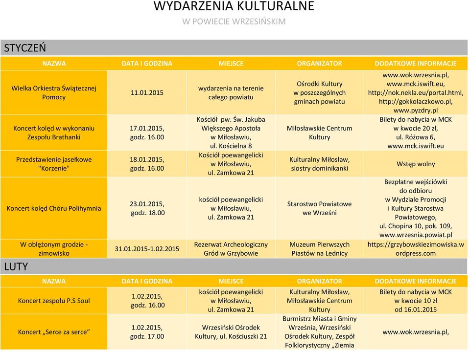 01.2015, 18.01.2015, 23.01.2015, 31.01.2015-1.02.2015 wydarzenia na terenie całego powiatu Kościół pw. Św. Jakuba Większego Apostoła ul.