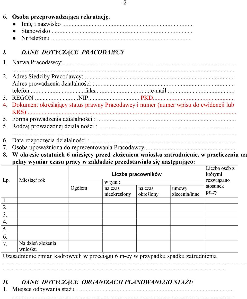 Forma prowadzenia działalności :... 5. Rodzaj prowadzonej działalności :...... 6. Data rozpoczęcia działalności :... 7. Osoba upoważniona do reprezentowania Pracodawcy:... 8.