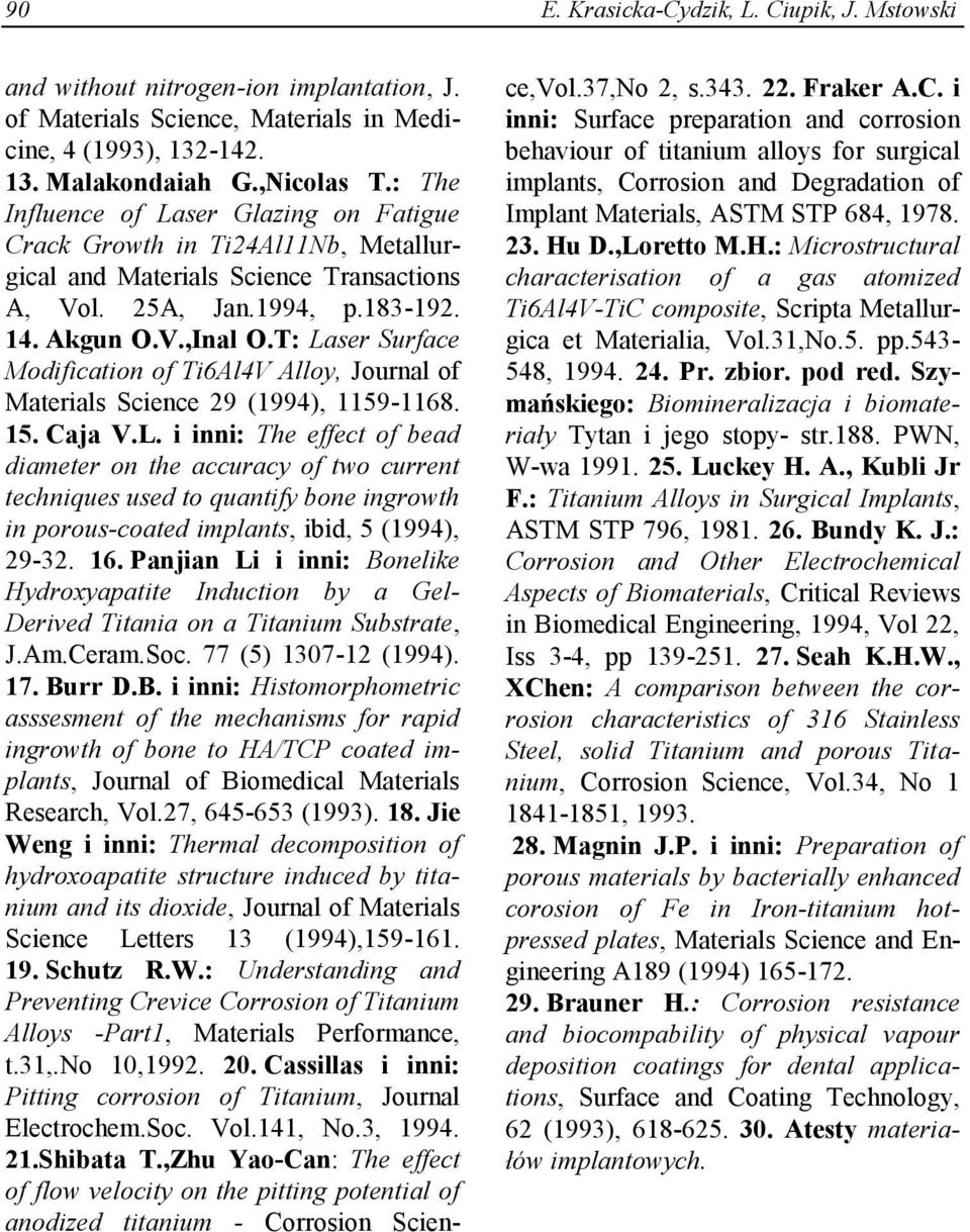 T: Laser Surface Modification of Ti6Al4V Alloy, Journal of Materials Science 29 (1994), 1159-1168. 15. Caja V.L. i inni: The effect of bead diameter on the accuracy of two current techniques used to quantify bone ingrowth in porous-coated implants, ibid, 5 (1994), 29-32.