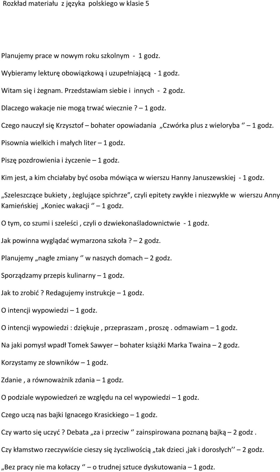 Pisownia wielkich i małych liter 1 godz. Piszę pozdrowienia i życzenie 1 godz. Kim jest, a kim chciałaby być osoba mówiąca w wierszu Hanny Januszewskiej - 1 godz.