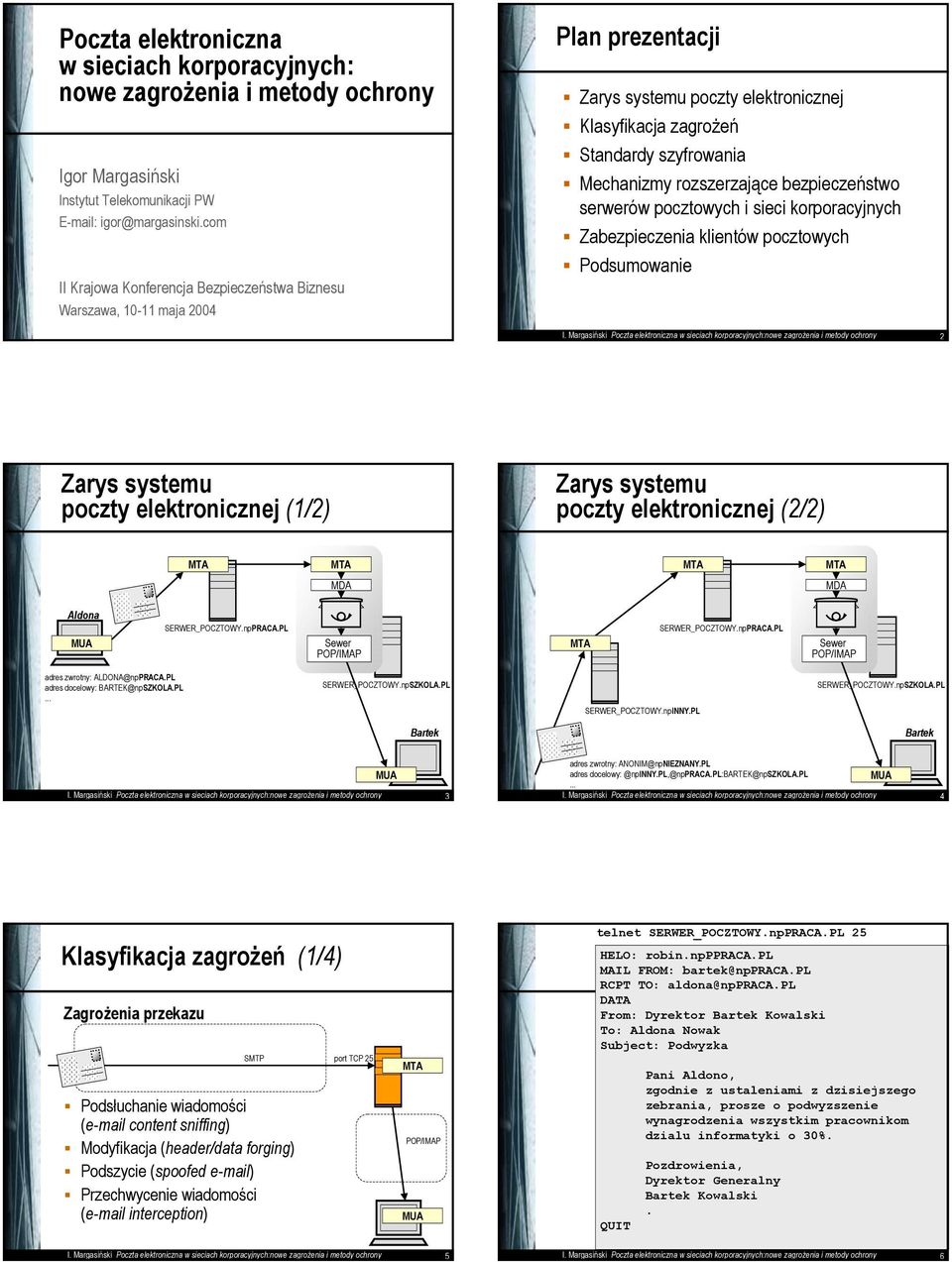 bezpieczeństwo serwerów pocztowych i sieci korporacyjnych Zabezpieczenia klientów pocztowych Podsumowanie I.