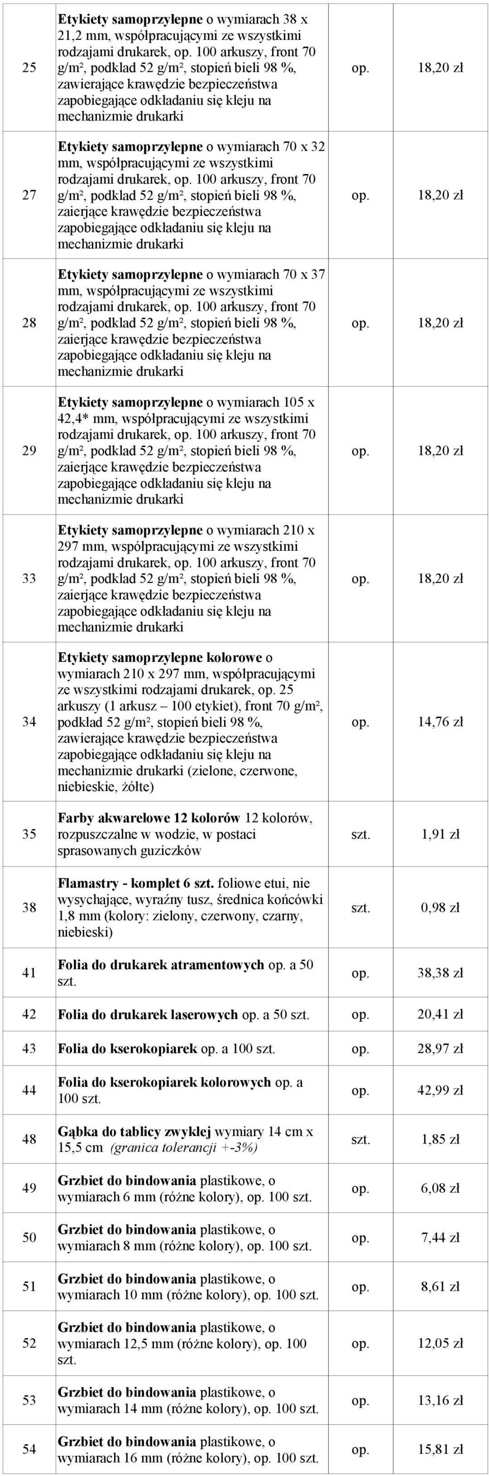 drukarek, op. 100 arkuszy, front 70 27 g/m², podklad 52 g/m², stopień bieli 98 %, op.