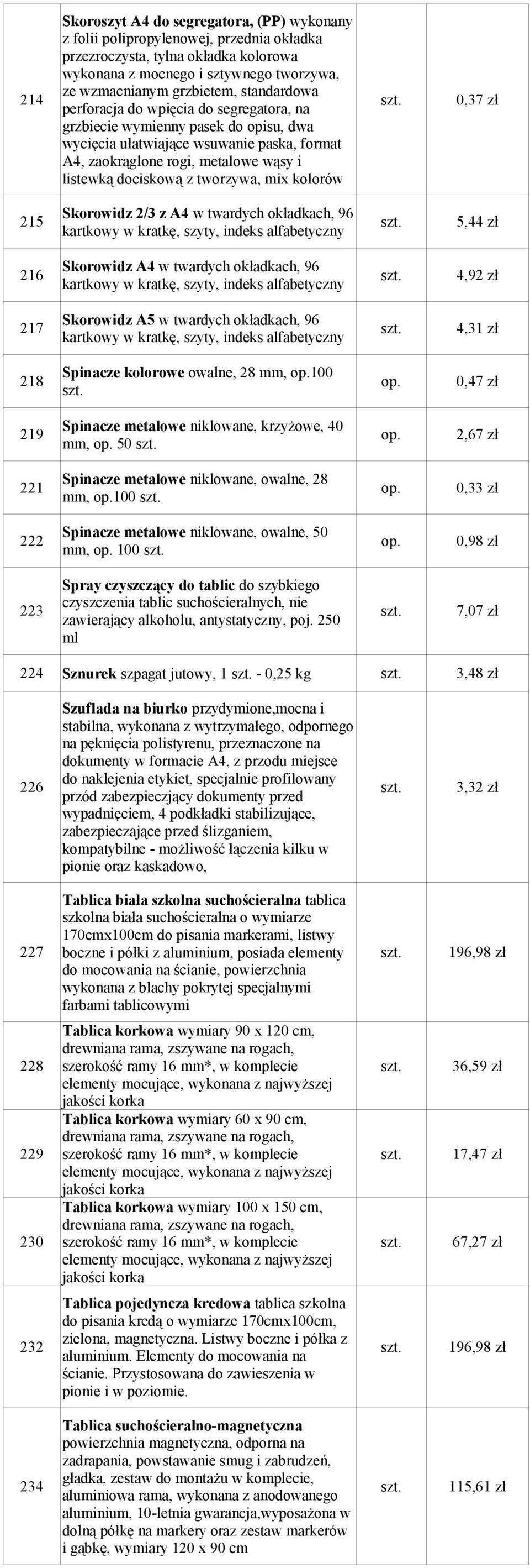 0,37 zł grzbiecie wymienny pasek do opisu, dwa wycięcia ułatwiające wsuwanie paska, format A4, zaokrąglone rogi, metalowe wąsy i listewką dociskową z tworzywa, mix kolorów Skorowidz 2/3 z A4 w