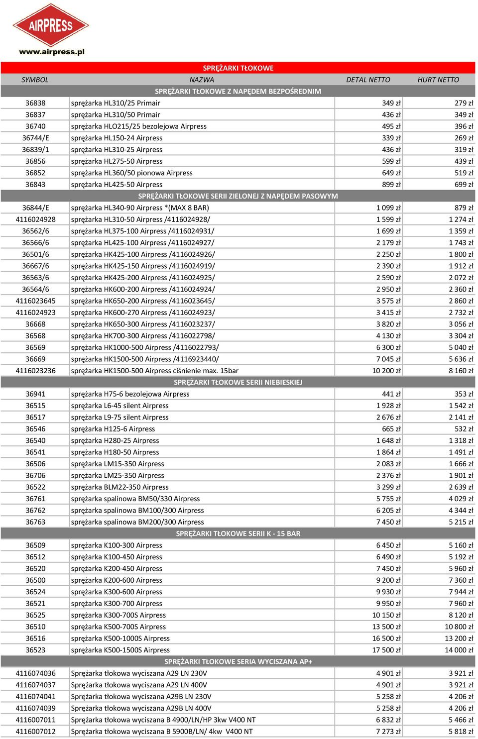 zł 36852 sprężarka HL360/50 pionowa Airpress 649 zł 519 zł 36843 sprężarka HL425-50 Airpress 899 zł 699 zł 36844/E SPRĘŻARKI TŁOKOWE SERII ZIELONEJ Z NAPĘDEM PASOWYM sprężarka HL340-90 Airpress *(MAX