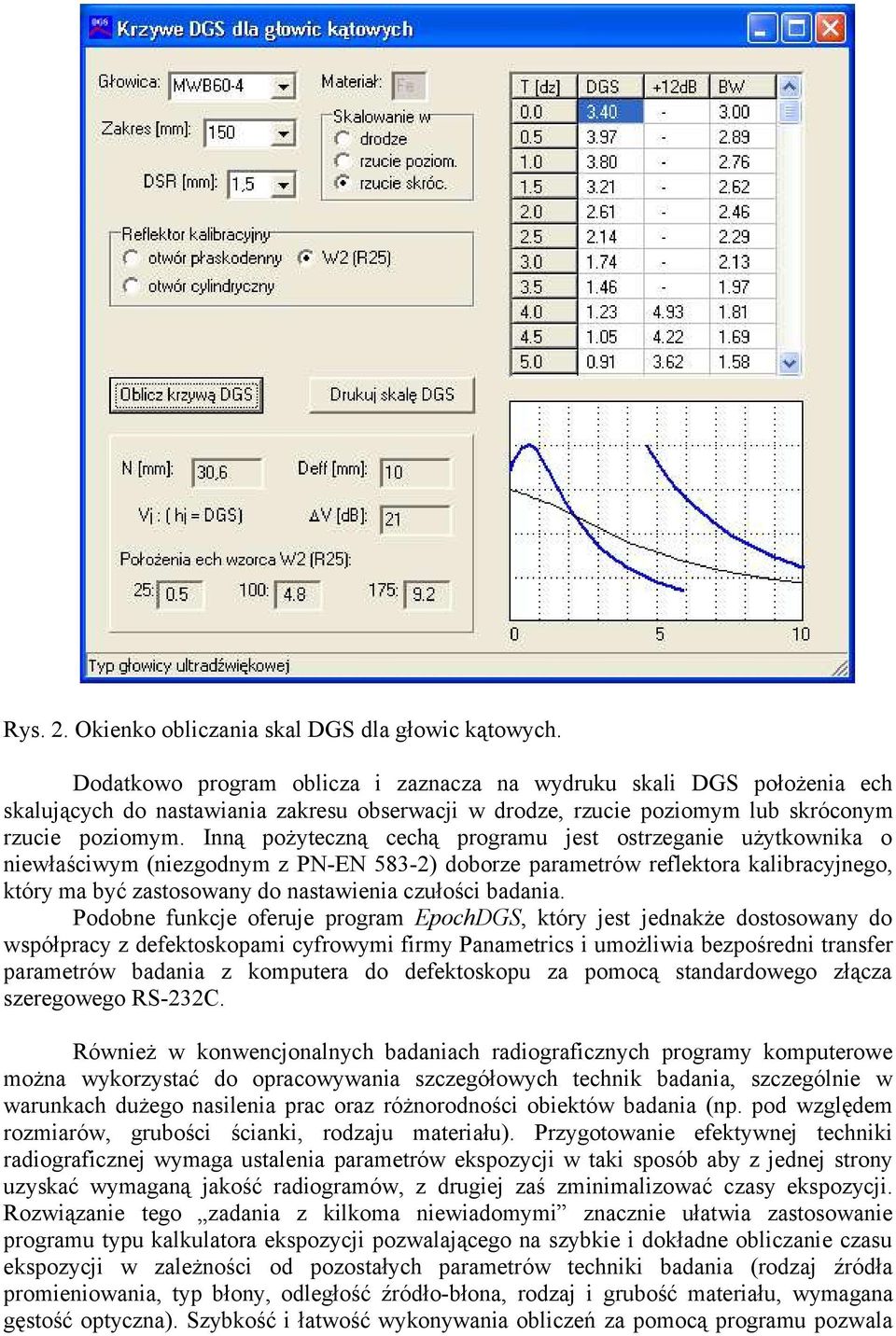 Inną pożyteczną cechą programu jest ostrzeganie użytkownika o niewłaściwym (niezgodnym z PN-EN 583-2) doborze parametrów reflektora kalibracyjnego, który ma być zastosowany do nastawienia czułości