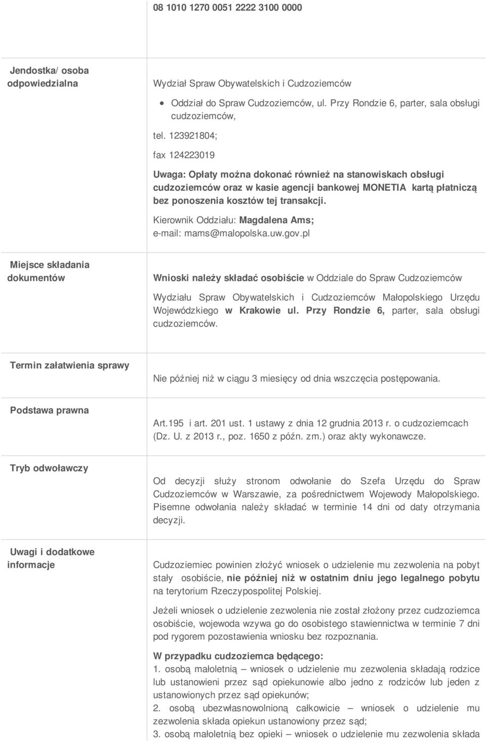 Kierownik Oddziału: Magdalena Ams; e-mail: mams@malopolska.uw.gov.