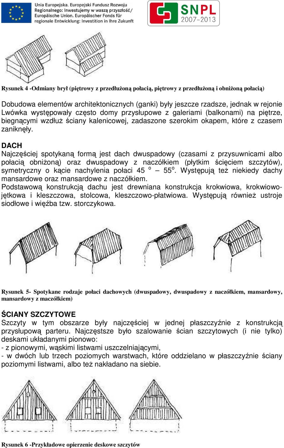 DACH Najczęściej spotykaną formą jest dach dwuspadowy (czasami z przysuwnicami albo połacią obniżoną) oraz dwuspadowy z naczółkiem (płytkim ścięciem szczytów), symetryczny o kącie nachylenia połaci