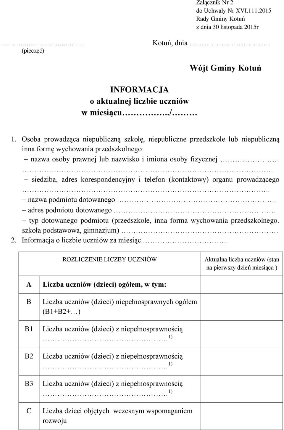 korespondencyjny i telefon (kontaktowy) organu prowadzącego.. nazwa podmiotu dotowanego.. adres podmiotu dotowanego typ dotowanego podmiotu (przedszkole, inna forma wychowania przedszkolnego.