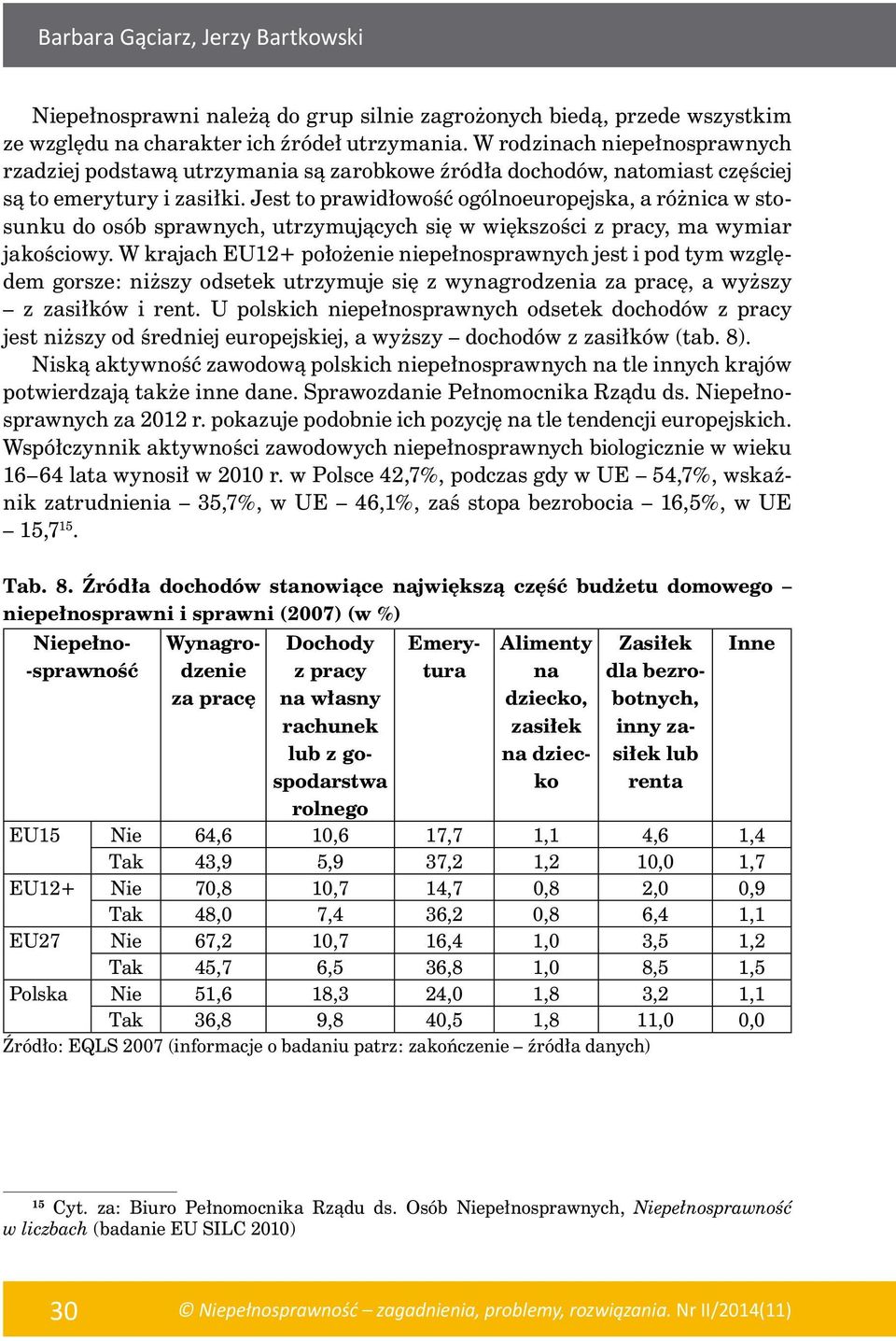 Jest to prawidłowość ogólnoeuropejska, a różnica w stosunku do osób sprawnych, utrzymujących się w większości z pracy, ma wymiar jakościowy.