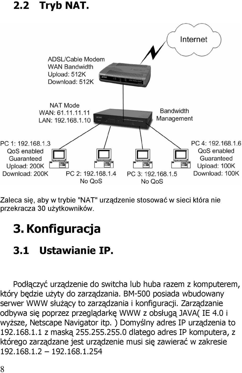 BM-500 posiada wbudowany serwer WWW służący to zarządzania i konfiguracji. Zarządzanie odbywa się poprzez przeglądarkę WWW z obsługą JAVA( IE 4.