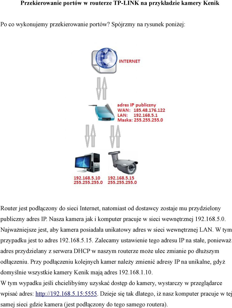168.5.0. Najważniejsze jest, aby kamera posiadała unikatowy adres w sieci wewnętrznej LAN. W tym przypadku jest to adres 192.168.5.15.