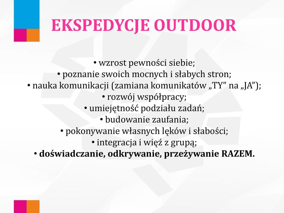 umiejętność podziału zadań; budowanie zaufania; pokonywanie własnych lęków i