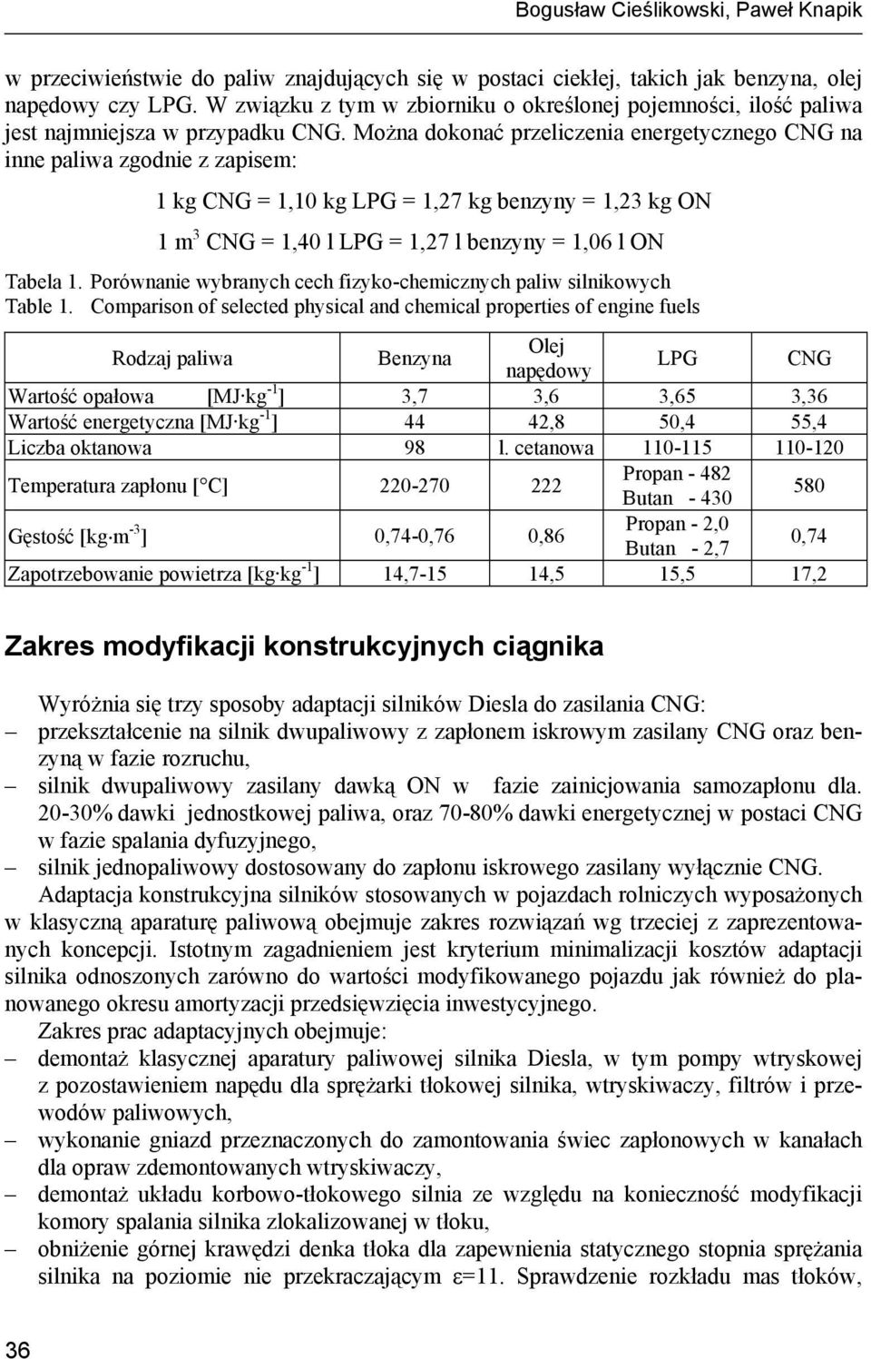 Można dokonać przeliczenia energetycznego CNG na inne paliwa zgodnie z zapisem: 1 kg CNG = 1,10 kg LPG = 1,27 kg benzyny = 1,23 kg ON 1 m 3 CNG = 1,40 l LPG = 1,27 l benzyny = 1,06 l ON Tabela 1.