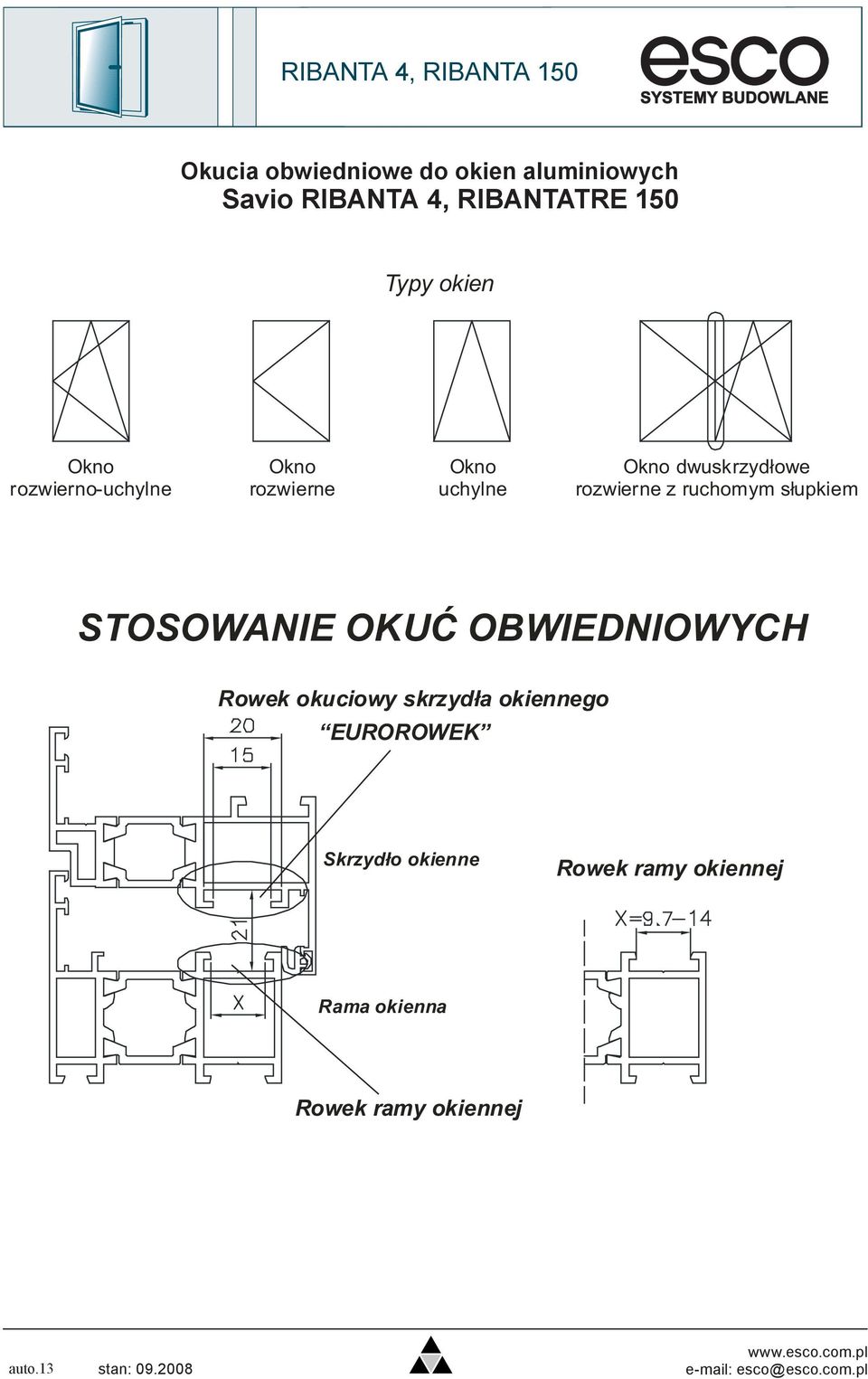 ruchomym słupkiem STOSOWANIE OKUĆ OBWIEDNIOWYCH Rowek okuciowy skrzydła okiennego EUROROWEK