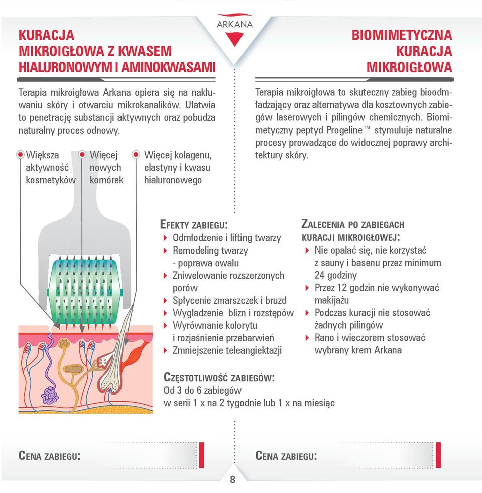 Większa aktywność kosmetyków Więcej nowych komórek Więcej kolagenu, elastyny i kwasu hialuronowego Biomimetyczna KURACJA MIKROIGŁOWA Terapia mikroigłowa to skuteczny zabieg bioodmładzający oraz