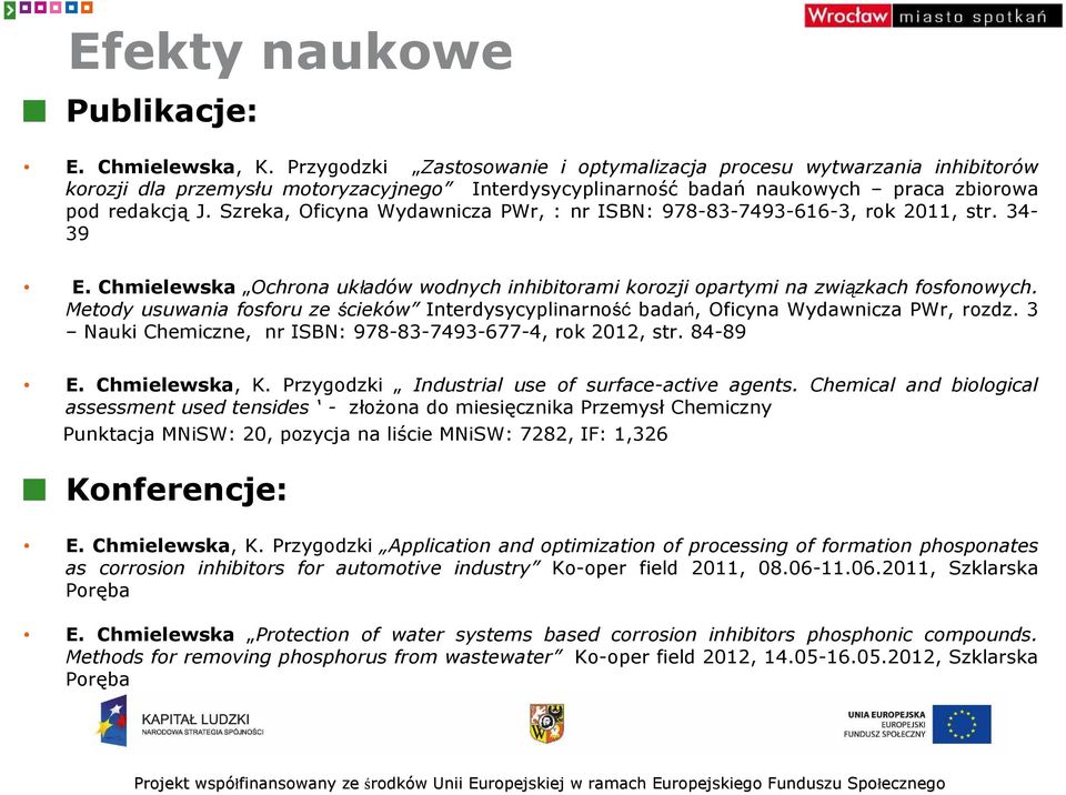 Szreka, Oficyna Wydawnicza PWr, : nr ISBN: 978-83-7493-616-3, rok 2011, str. 34-39 E. Chmielewska Ochrona układów wodnych inhibitorami korozji opartymi na związkach fosfonowych.