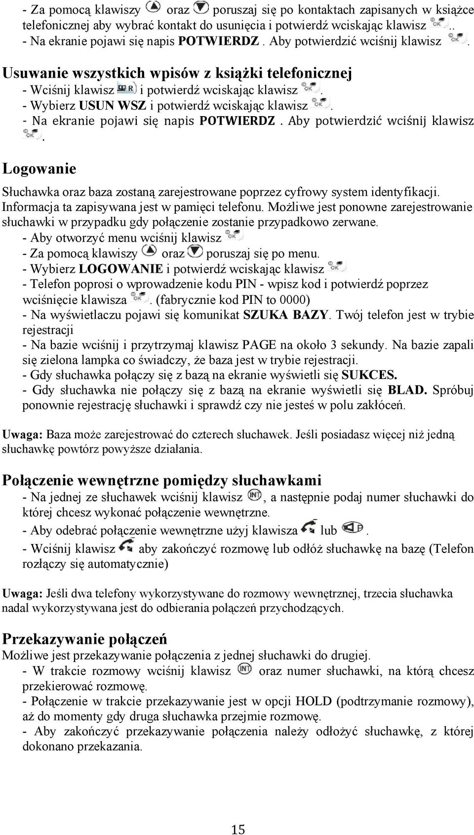 Na ekranie pojawi się napis POTWIERDZ. Aby potwierdzić wciśnij klawisz. Logowanie Słuchawka oraz baza zostaną zarejestrowane poprzez cyfrowy system identyfikacji.