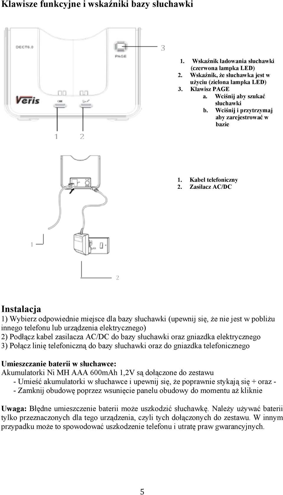 Zasilacz AC/DC Instalacja 1) Wybierz odpowiednie miejsce dla bazy słuchawki (upewnij się, że nie jest w pobliżu innego telefonu lub urządzenia elektrycznego) 2) Podłącz kabel zasilacza AC/DC do bazy