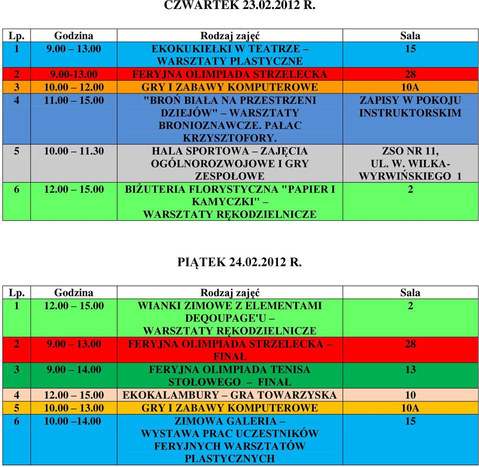 00.00 FERYJNA OLIMPIADA STRZELECKA 8 FINAŁ 3 9.00 14.00 FERYJNA OLIMPIADA TENISA FINAŁ 4 1.00.00 EKOKALAMBURY GRA TOWARZYSKA 5.00.00 GRY I ZABAWY KOMPUTEROWE A 6.