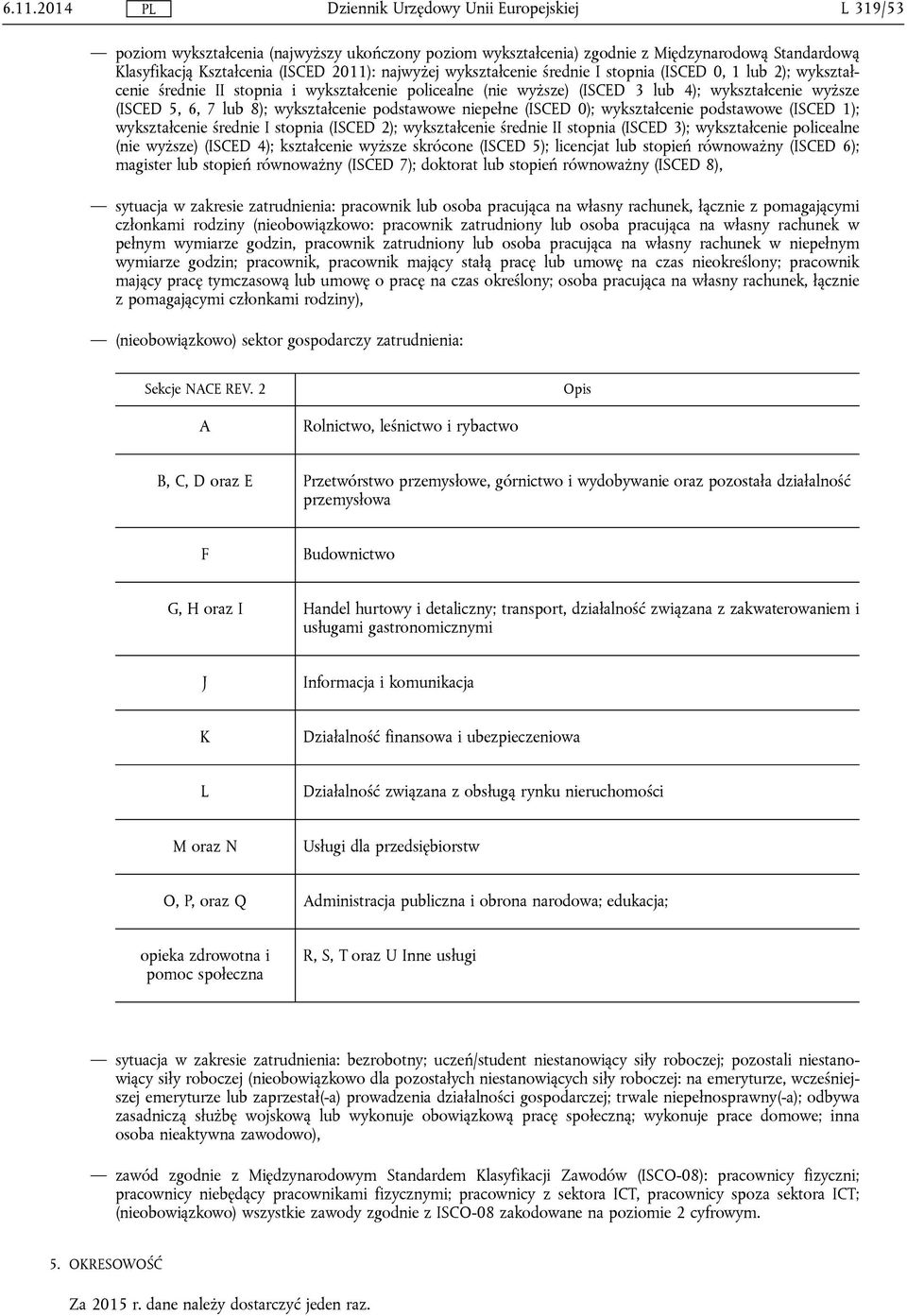 wykształcenie podstawowe (ISCED 1); wykształcenie średnie I stopnia (ISCED 2); wykształcenie średnie II stopnia (ISCED 3); wykształcenie policealne (nie wyższe) (ISCED 4); kształcenie wyższe skrócone