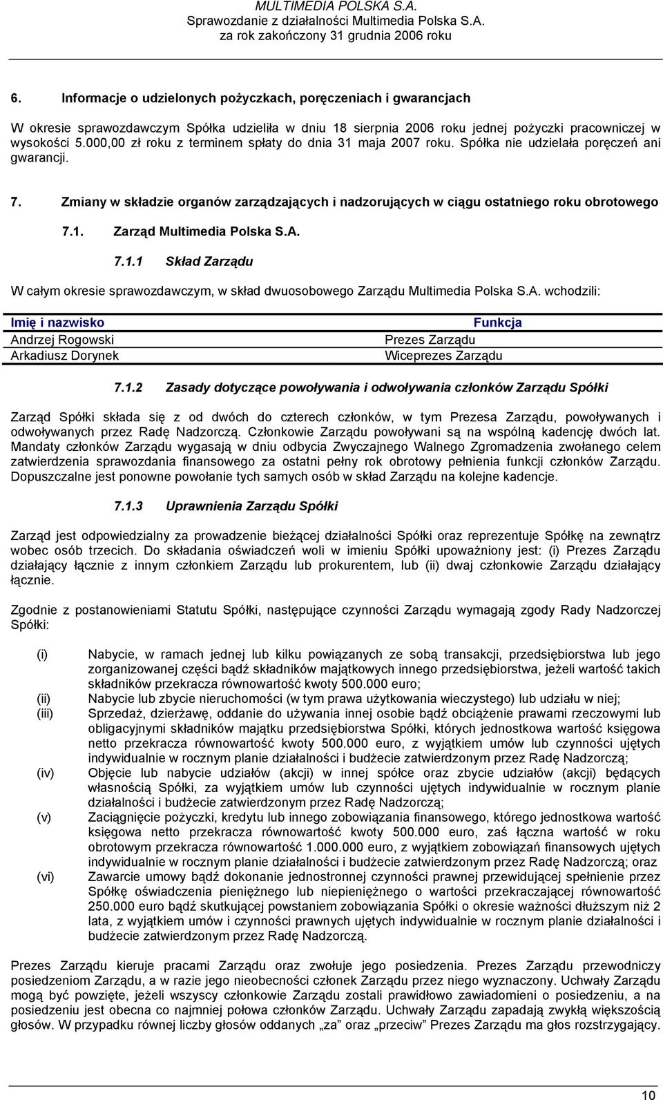 000,00 zł roku z terminem spłaty do dnia 31 maja 2007 roku. Spółka nie udzielała poręczeń ani gwarancji. 7.