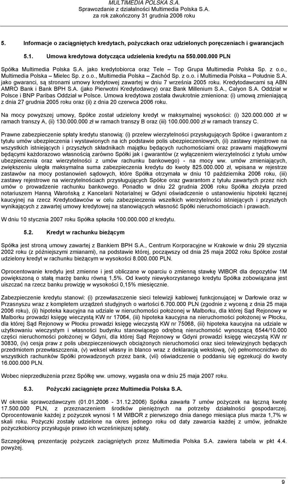 jako kredytobiorca oraz Tele Top Grupa Multimedia Polska Sp. z o.o., Multimedia Polska Mielec Sp. z o.o., Multimedia Polska Zachód Sp. z o.o. i Multimedia Polska Południe S.A.