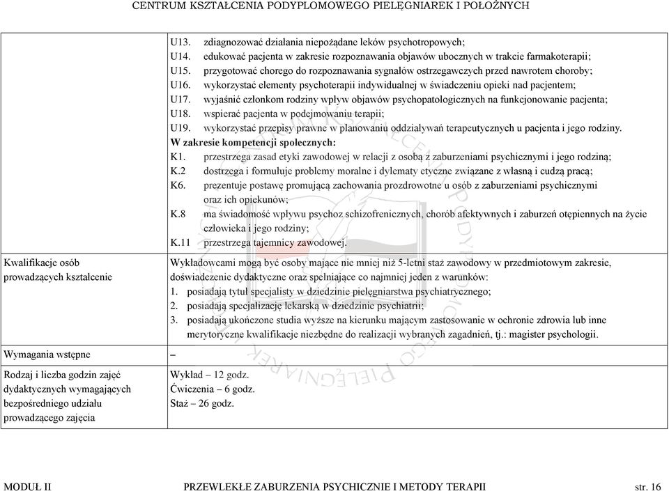 wyjaśnić członkom rodziny wpływ objawów psychopatologicznych na funkcjonowanie pacjenta; U18. wspierać pacjenta w podejmowaniu terapii; U19.