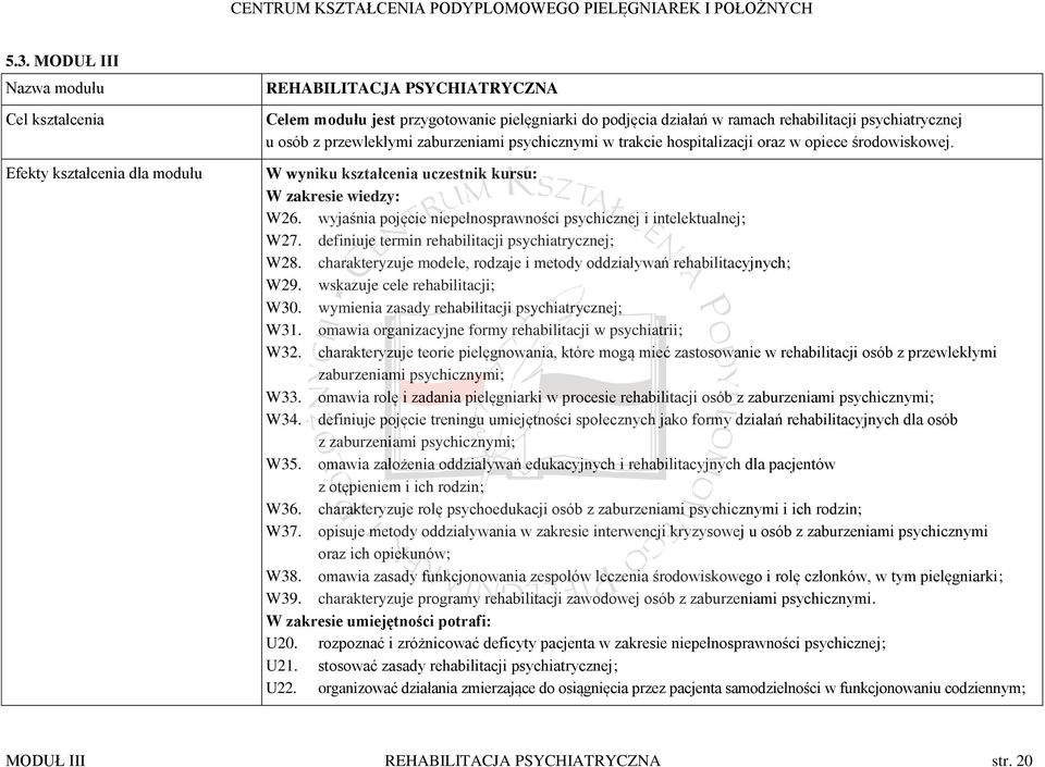 wyjaśnia pojęcie niepełnosprawności psychicznej i intelektualnej; W27. definiuje termin rehabilitacji psychiatrycznej; W28. charakteryzuje modele, rodzaje i metody oddziaływań rehabilitacyjnych; W29.