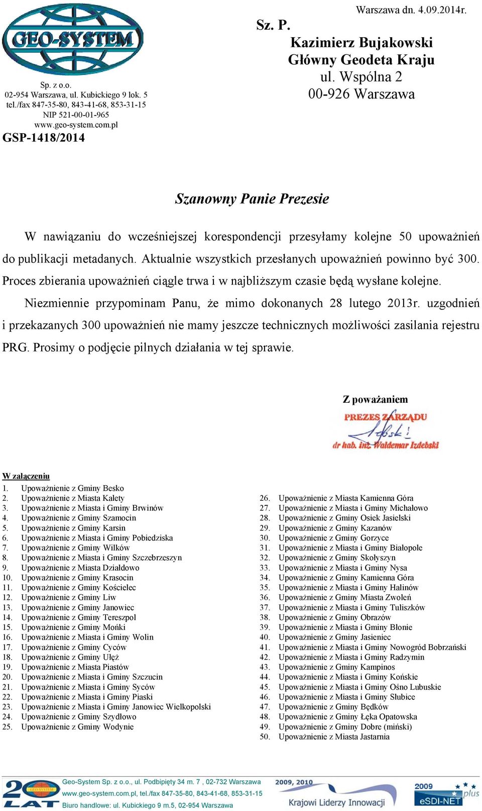 Aktualnie wszystkich przesłanych upoważnień powinno być 300. Proces zbierania upoważnień ciągle trwa i w najbliższym czasie będą wysłane kolejne.