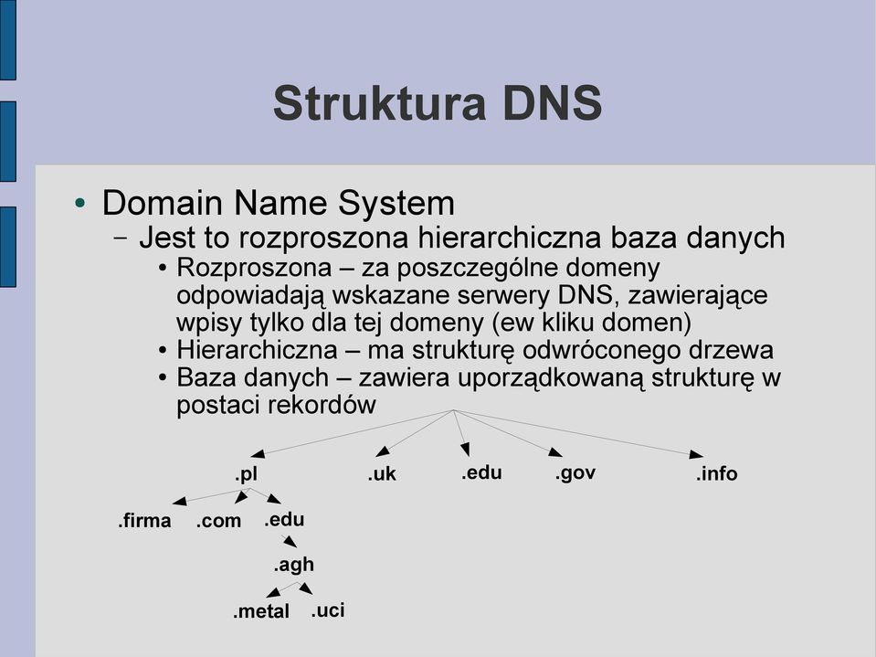 tylko dla tej domeny (ew kliku domen) Hierarchiczna ma strukturę odwróconego drzewa Baza