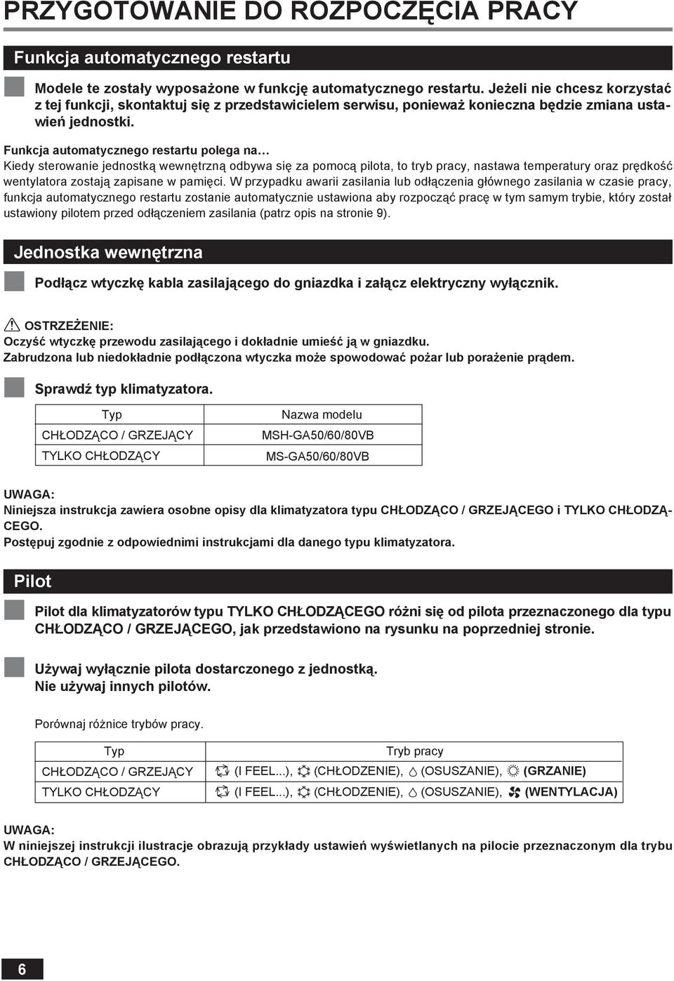 Funkcja automatycznego restartu polega na Kiedy sterowanie jednostką wewnętrzną odbywa się za pomocą pilota, to tryb pracy, nastawa temperatury oraz prędkość wentylatora zostają zapisane w pamięci.