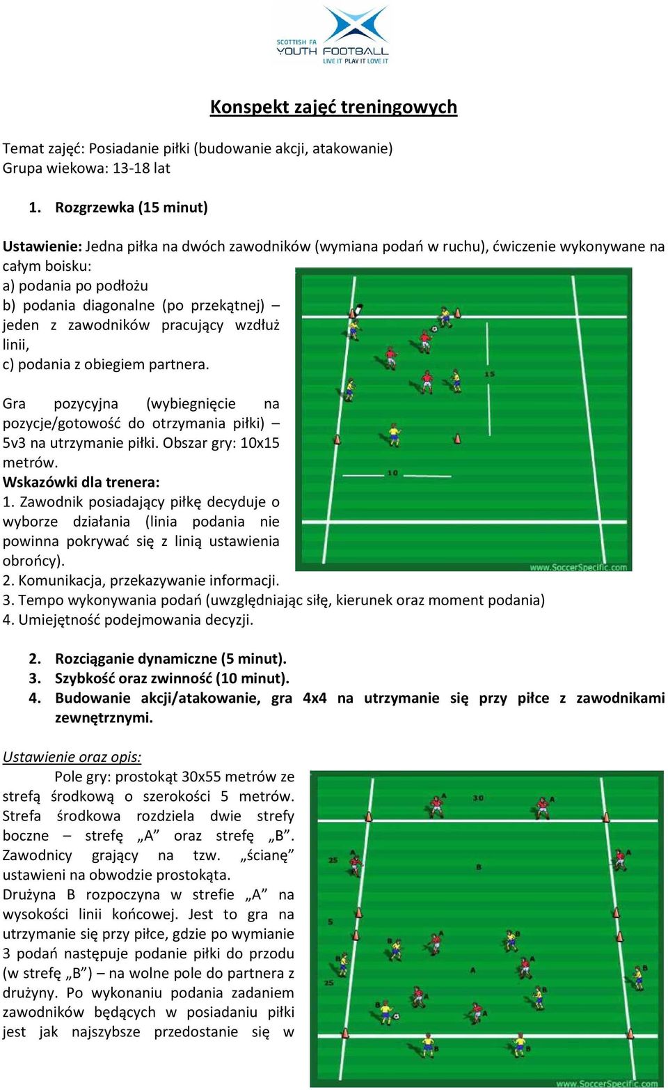 zawodników pracujący wzdłuż linii, c) podania z obiegiem partnera. Gra pozycyjna (wybiegnięcie na pozycje/gotowość do otrzymania piłki) 5v3 na utrzymanie piłki. Obszar gry: 10