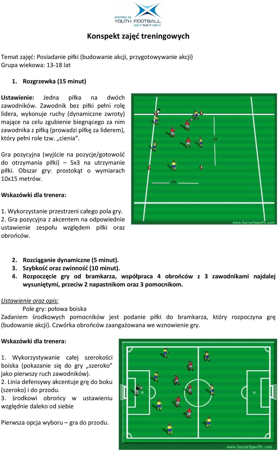 Gra pozycyjna (wyjście na pozycje/gotowość do otrzymania piłki) 5x3 na utrzymanie piłki. Obszar gry: prostokąt o wymiarach 10x15 metrów. 1. Wykorzystanie przestrzeni całego pola gry. 2.