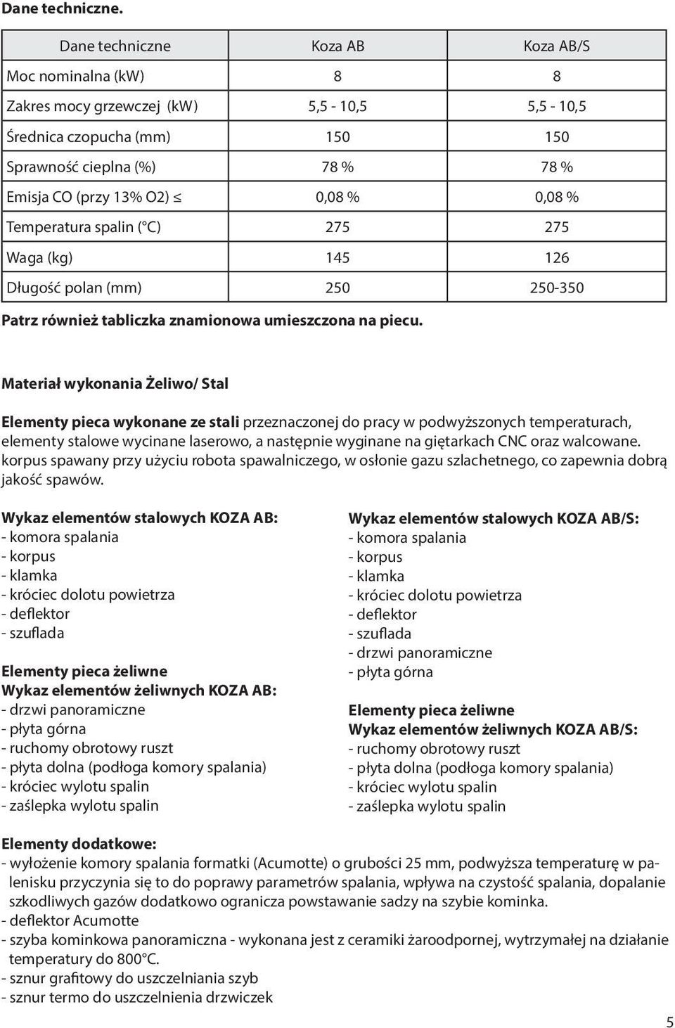 0,08 % Temperatura spalin ( C) 275 275 Waga (kg) 145 126 Długość polan (mm) 250 250-350 Patrz również tabliczka znamionowa umieszczona na piecu.