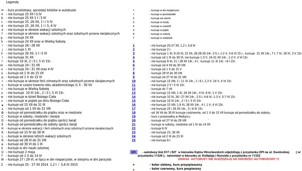 czwartli e - nie kursuje w okresie wakacji szkolnych 5 - kursuje w piątki f - nie kursuje w okresie wakacji szkolnych oraz szkolnych przerw świątecznych 6 - kursuje w soboty g - nie kursuje 24 XII 7