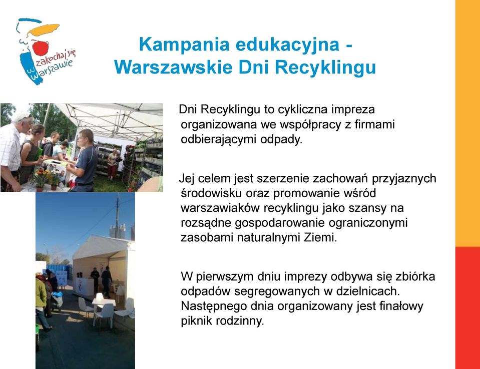 Jej celem jest szerzenie zachowań przyjaznych środowisku oraz promowanie wśród warszawiaków recyklingu jako szansy na