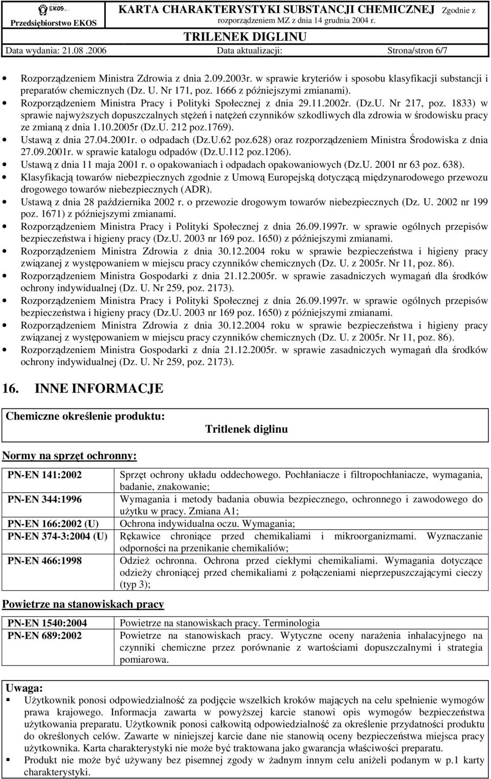 1833) w sprawie najwyŝszych dopuszczalnych stęŝeń i natęŝeń czynników szkodliwych dla zdrowia w środowisku pracy ze zmianą z dnia 1.10.2005r (Dz.U. 212 poz.1769). Ustawą z dnia 27.04.2001r.